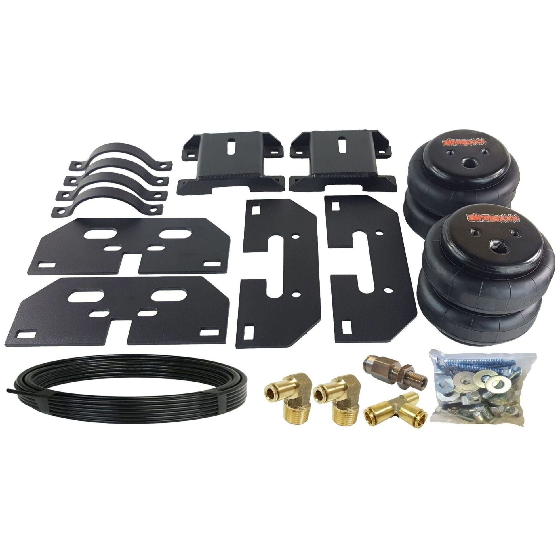 An air assist load leveler kit designed for a Dodge Ram 3500 truck, including black airbags, brackets, fittings, and a length of air line.