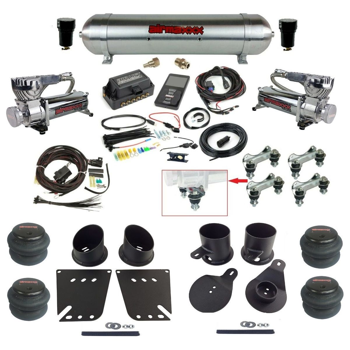 Air Lift 3P 27685 dual 580 chrome   compressors raw aluminum tank 2600 bags & airmaxxx brackets Air Ride Kit for 1958–64 Chevy Impala KIMP58-580C2-57ARAW-27685-WK-3P2