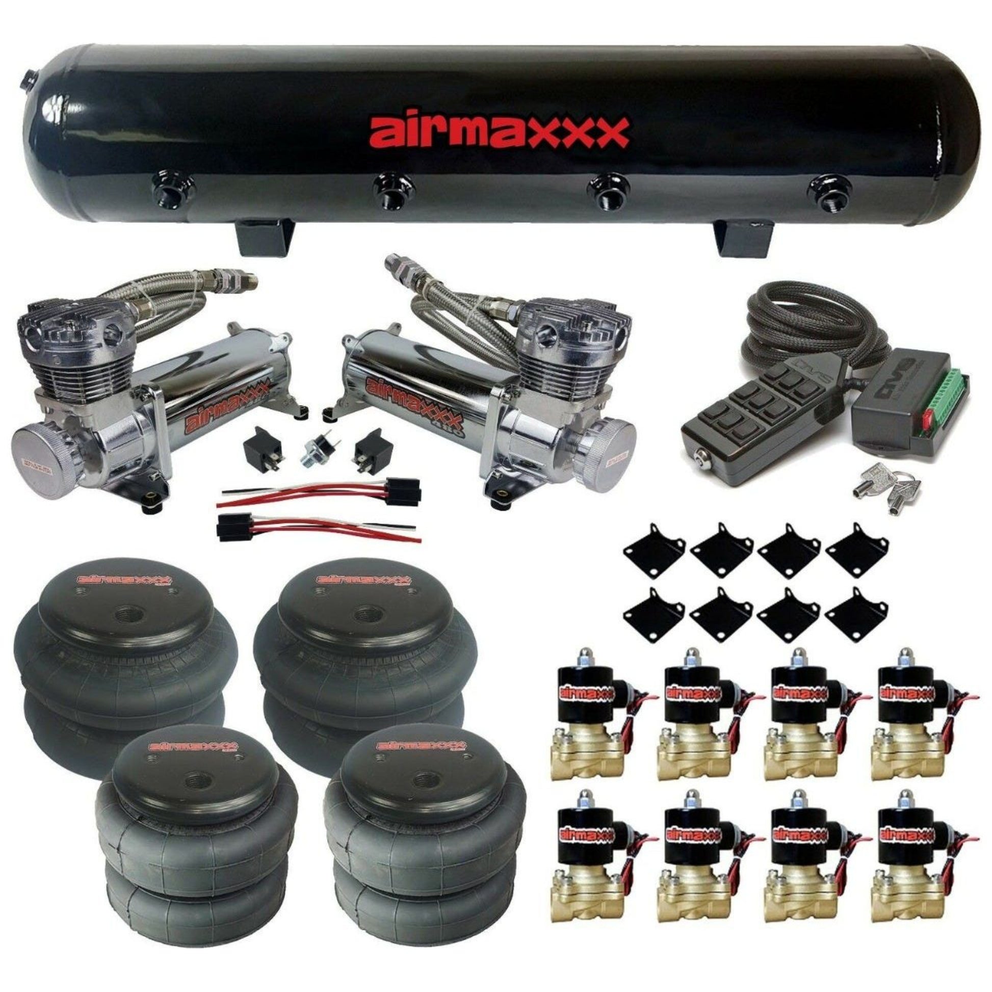 Chrome 480 compressor air ride kit with AVS controller black tank switch box bags and brass valves
