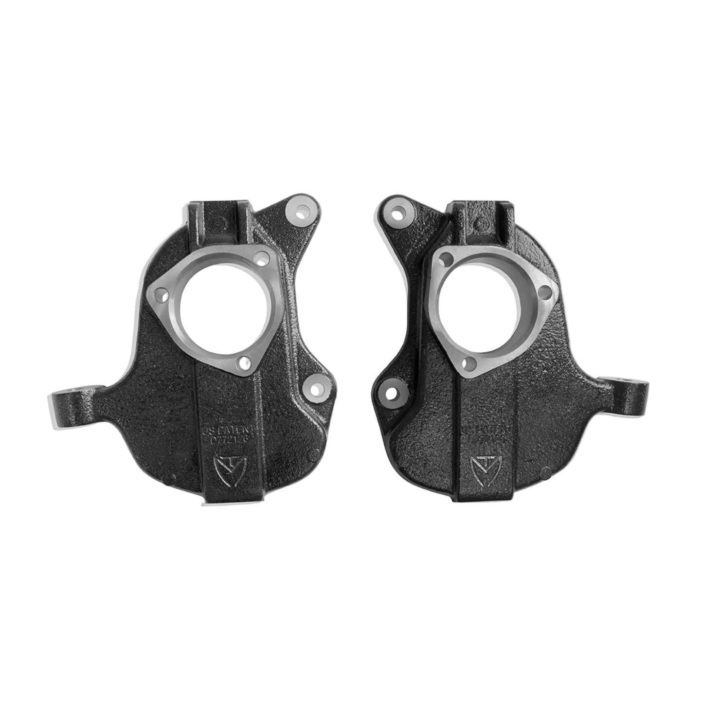 Chevy Silverado front drop spindles for stamped steel control arms | GMC Sierra lowering spindle pair for aluminum control arms | MaxTrac black E-coated ductile iron lowering spindles | Silverdo Sierra lowring spindel kit
