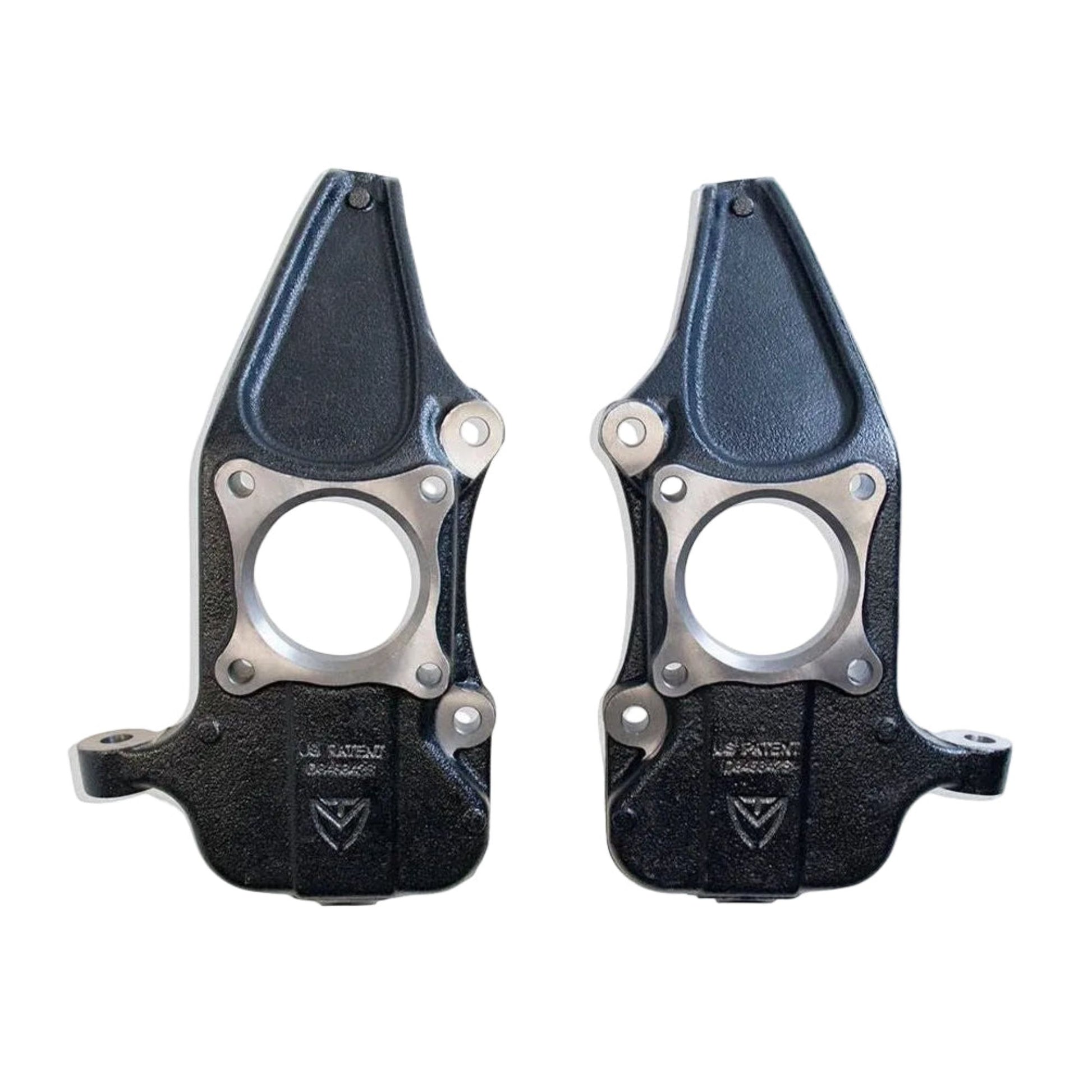 2009-2014 F150 2WD 4WD front drop spindle pair | MaxTrac ductile iron black E-coated lowering spindles | Ford F-150 drop spindles for 22 inch aftermarket wheels | Ford F150 lowring spindel suspention upgrade