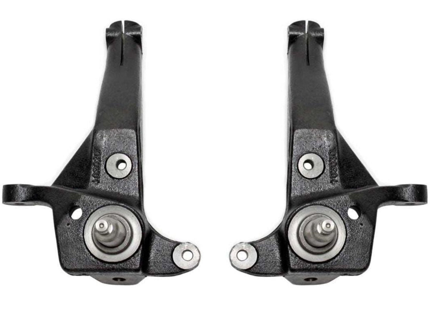 Ductile steel front spindles MaxTrac 703030A 4-inch lift spindles for 1998–2000 Ford Ranger 2WD coil spring suspension with black e-coated finish.