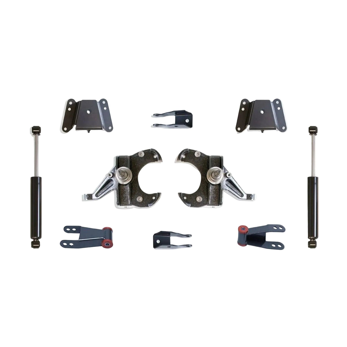 C10 squarebody lowering spindles hangers shackles and rear shocks | MaxTrac KS331134 Chevrolet C10 10-bolt rear axle drop kit | 1973-1987 C10 2.5 inch front 4 inch rear lowering suspension
