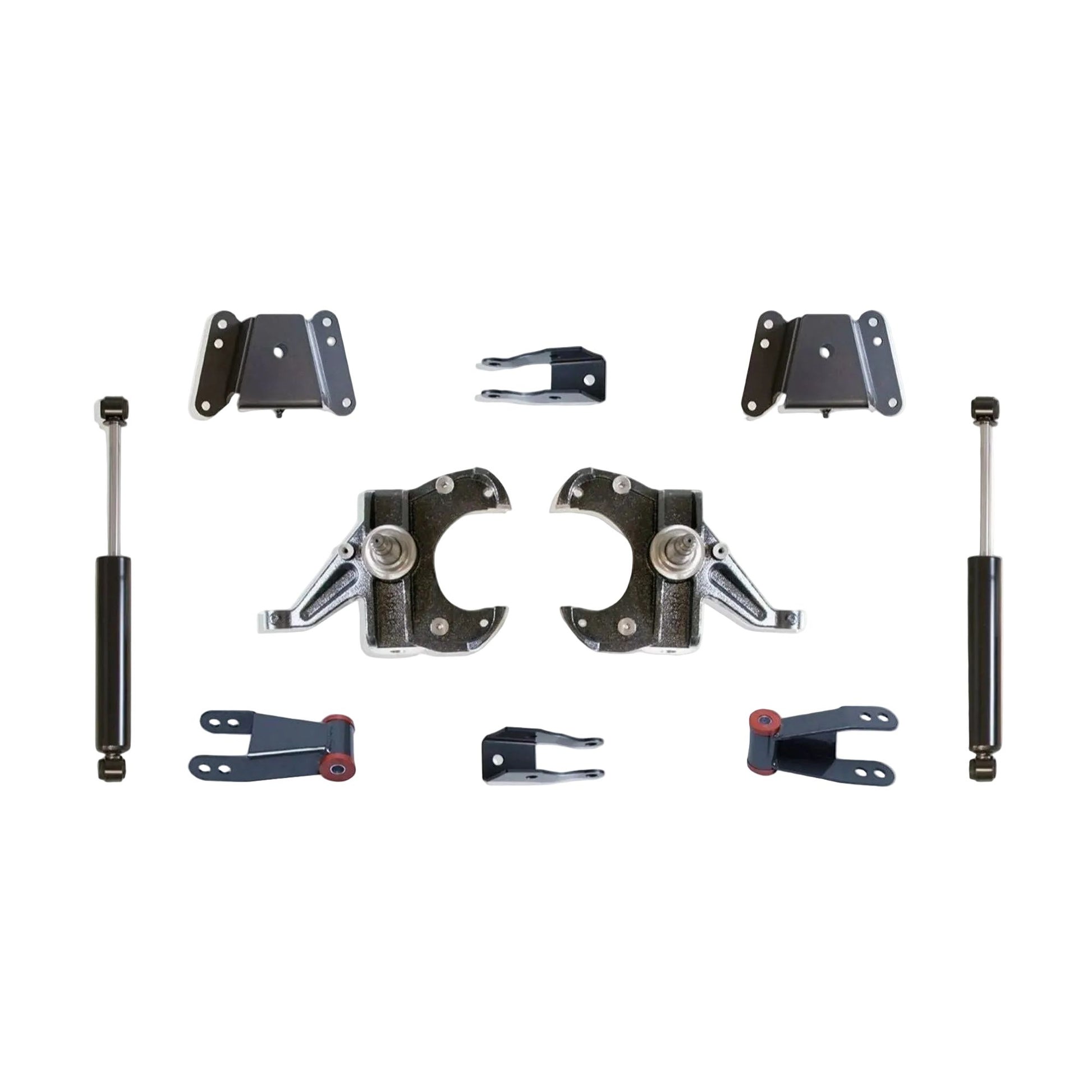 C10 squarebody lowering spindles hangers shackles and rear shocks | MaxTrac KS331134 Chevrolet C10 10-bolt rear axle drop kit | 1973-1987 C10 2.5 inch front 4 inch rear lowering suspension