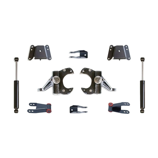 C10 squarebody lowering spindles hangers shackles and rear shocks | MaxTrac KS331134 Chevrolet C10 10-bolt rear axle drop kit | 1973-1987 C10 2.5 inch front 4 inch rear lowering suspension