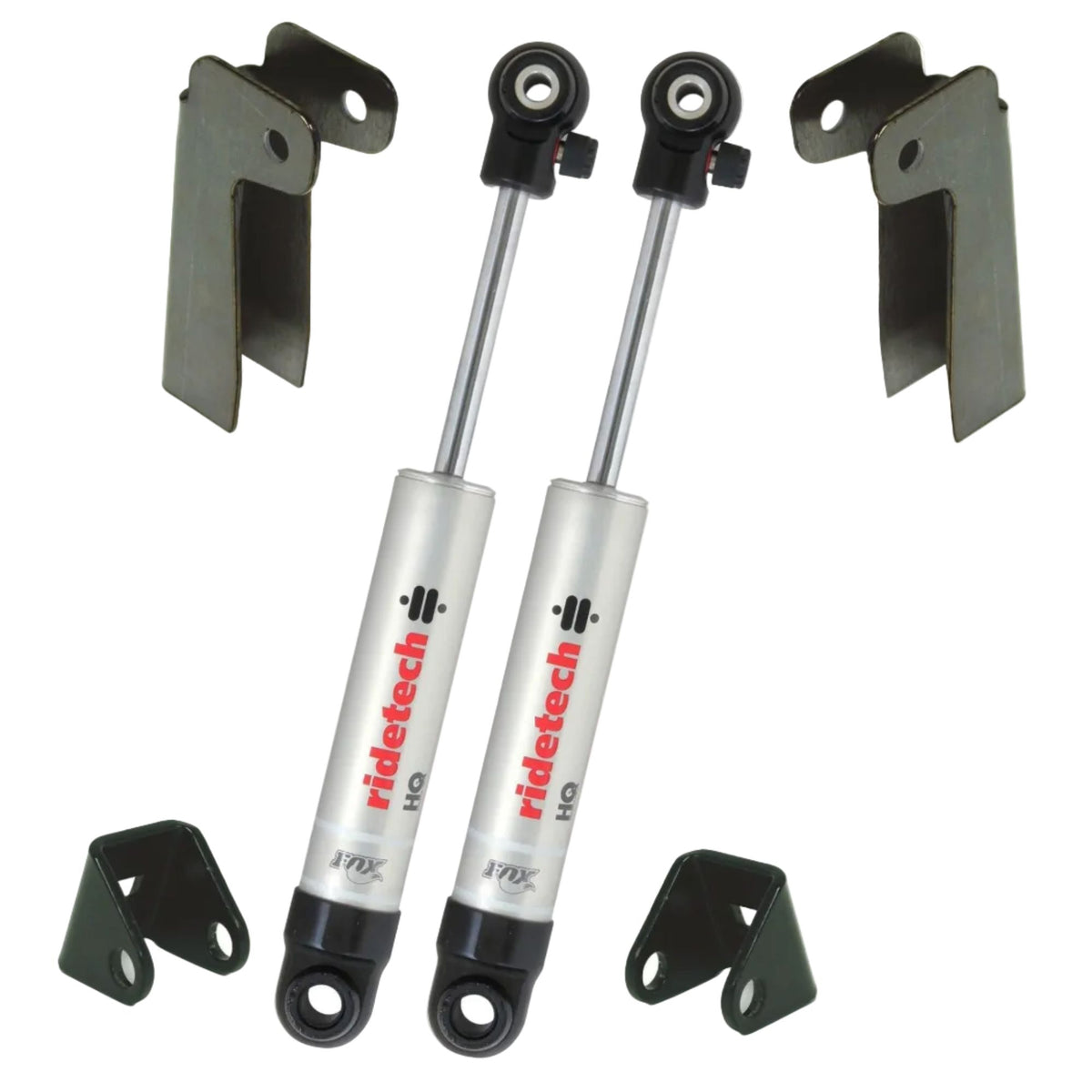 RideTech HQ Series 4.75 inch stroke front shocks | Universal weld-on upper and lower shock mounting brackets | RideTech air suspension front shock relocation components | HQ monotube shocks with bushings and inner sleeves | RideTech 11009910 custom bagged suspension kit