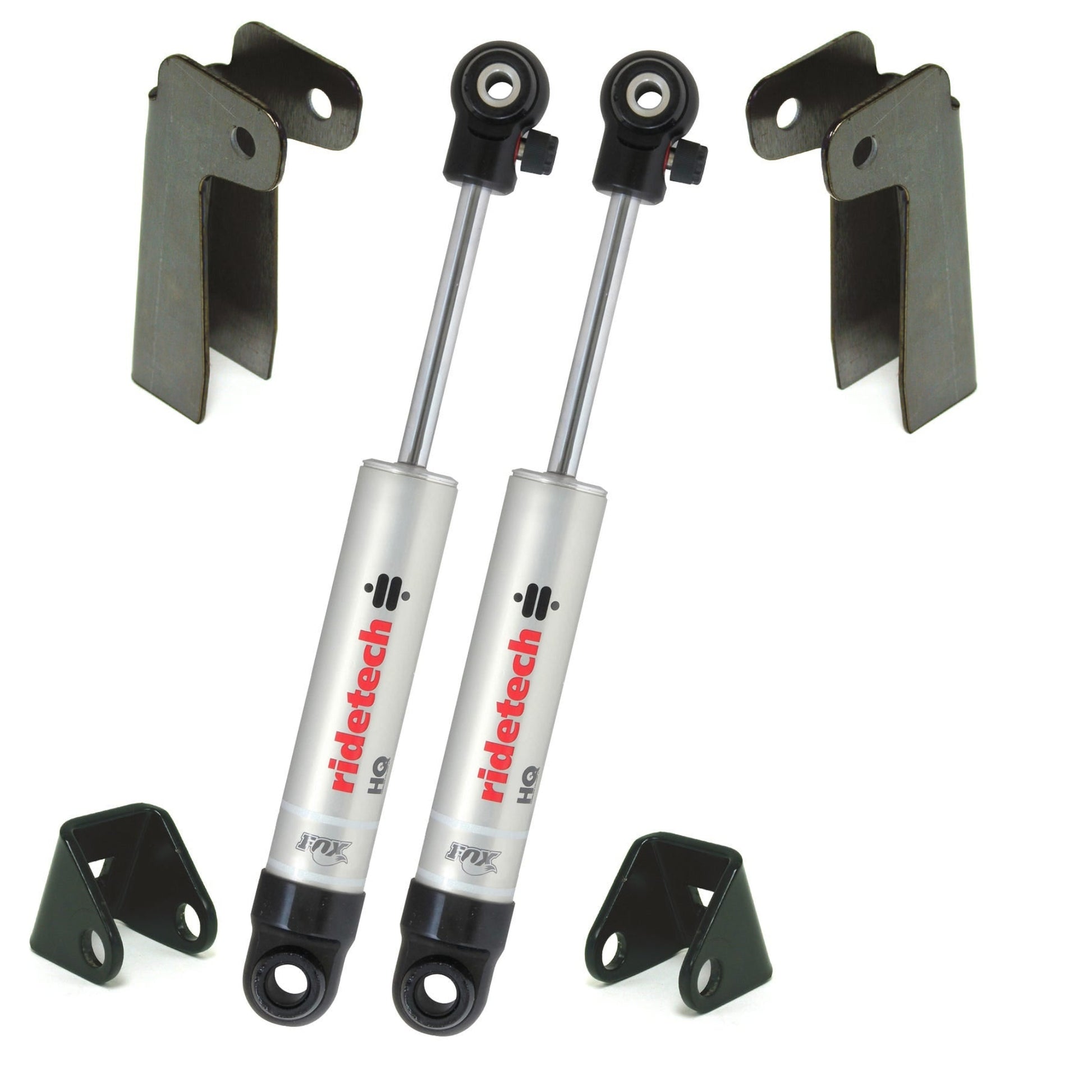 Front shock relocation kit, universal.  Includes a pair of 4.75" stroke HQ Shocks with weld-on upper and lower brackets.  These shocks are 10.15" x 14.9" with a 12.5"-13" ride height.