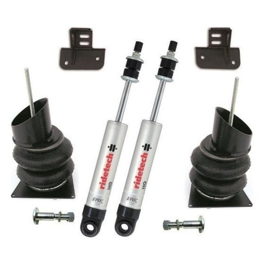 Front CoolRide kit for 1955-1957 Chevy. For use with stock lower arms. Includes air springs, brackets, HQ shocks, bolt on shock mounts and hardware.