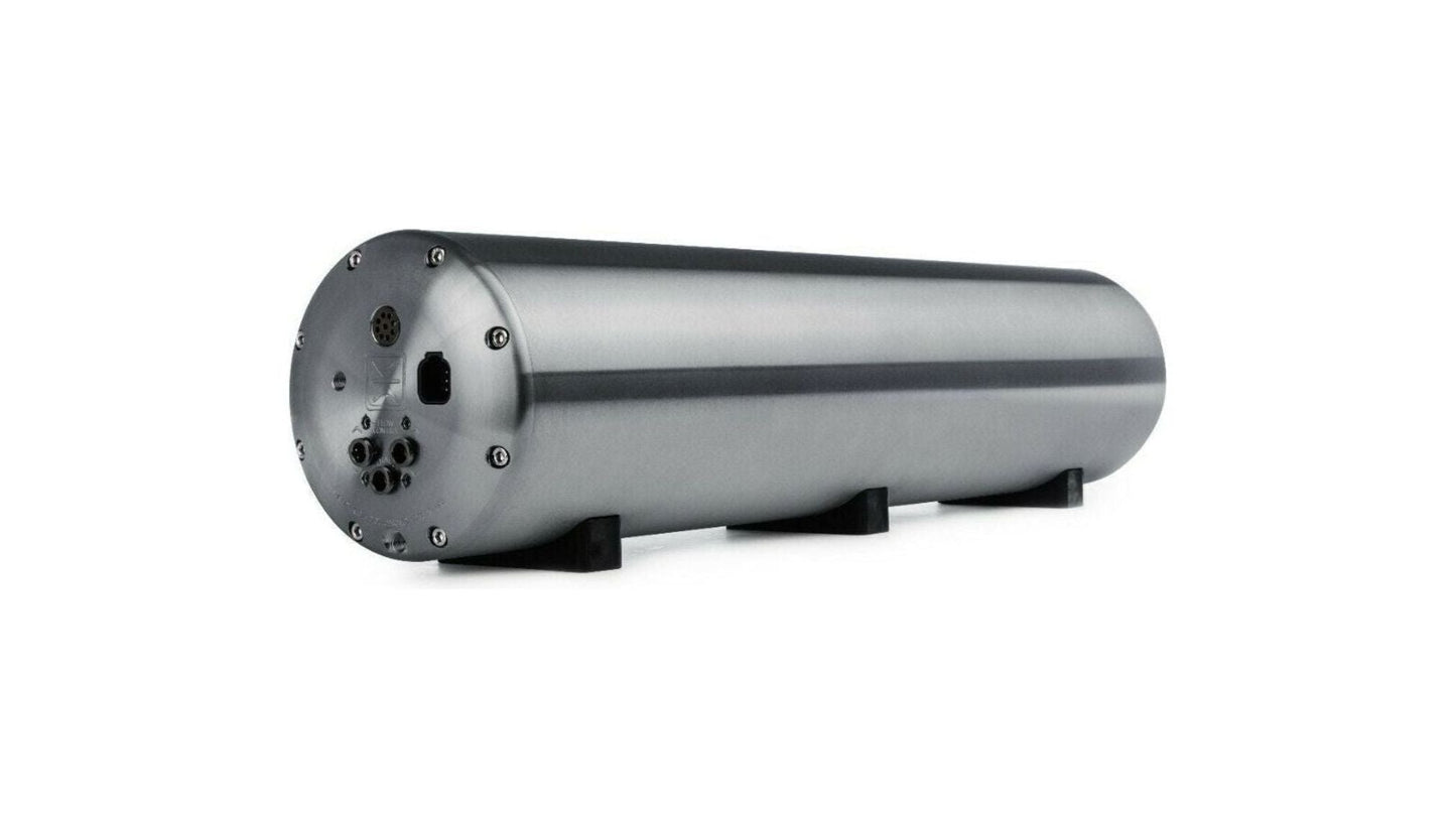 A 5-gallon raw aluminum AccuAir air suspension tank with integrated valves, designed for vehicle suspension applications.