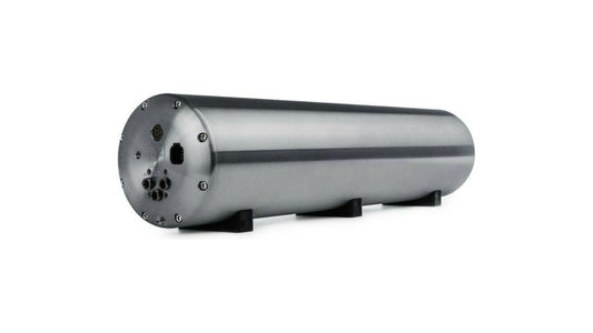 A 5-gallon raw aluminum AccuAir air suspension tank with integrated valves, designed for vehicle suspension applications.