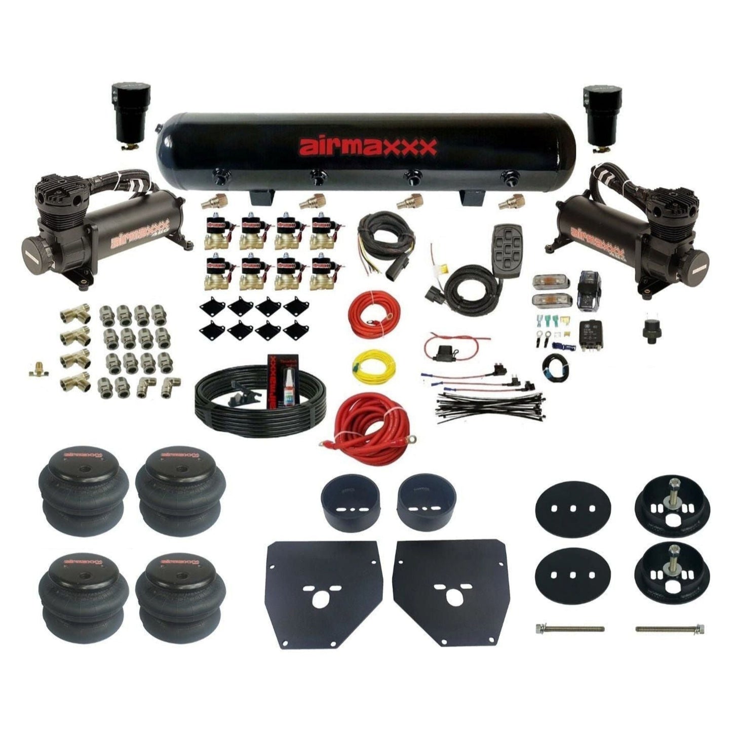 airmaxxx 3/8" Air Suspension Kit Black 480 air compressors steel air tank 2600 bags & brackets Fits 1963-72 Chevy C10 2wd kc1063-480b2-838-59-7bk-wk-hf