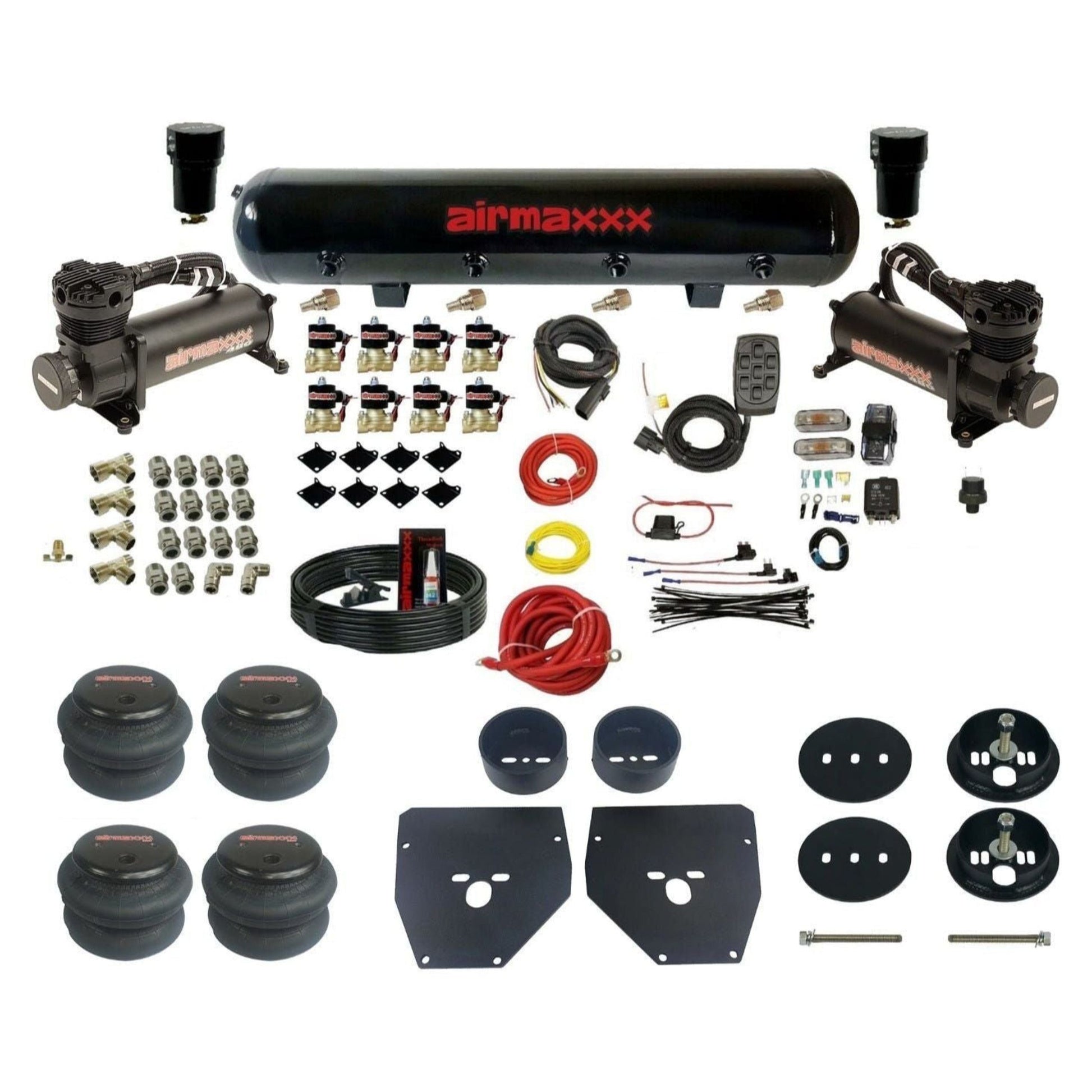 airmaxxx 3/8" Air Suspension Kit Black 480 air compressors steel air tank 2600 bags & brackets Fits 1963-72 Chevy C10 2wd kc1063-480b2-838-59-7bk-wk-hf