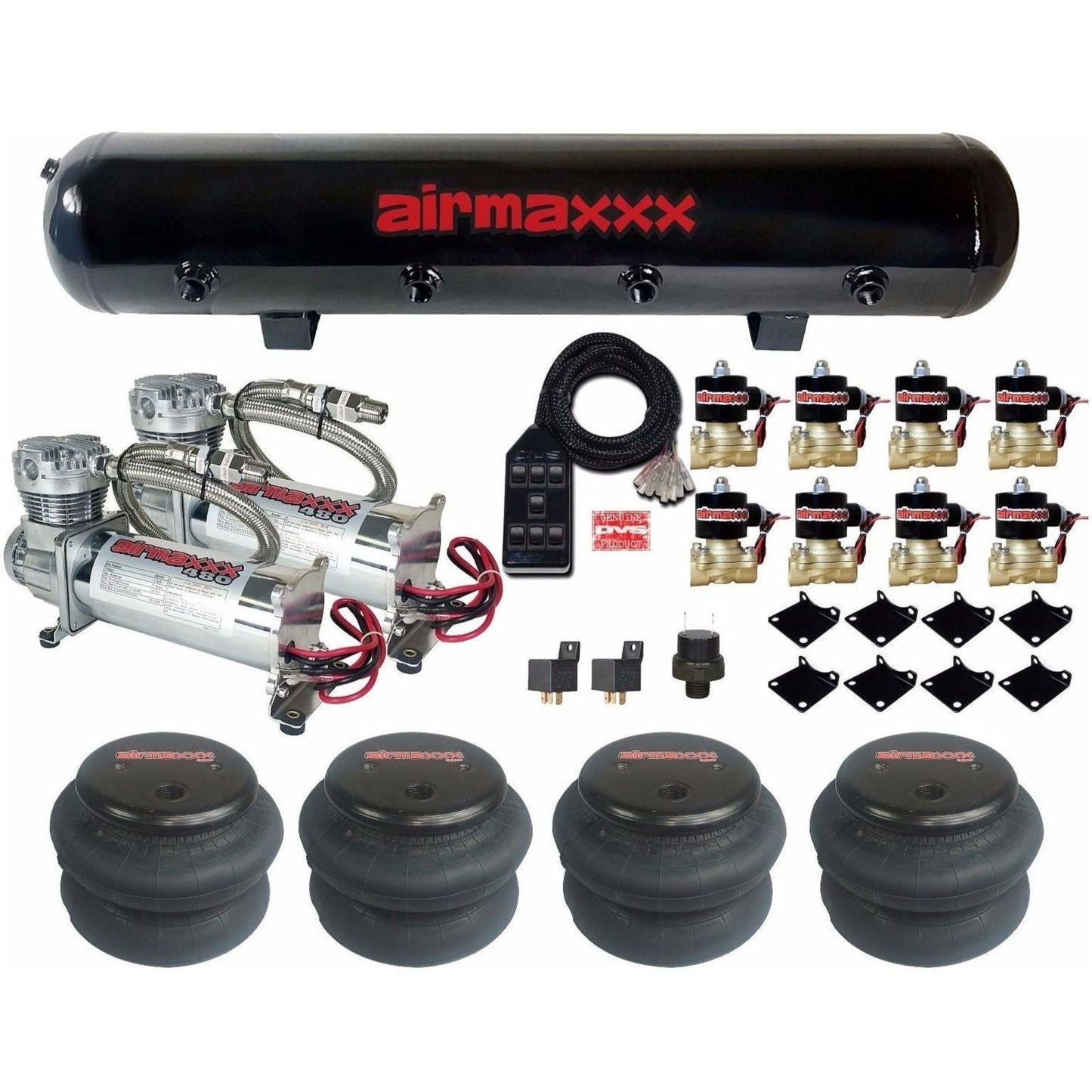airmaxxx 480 Chrome Compressors 1/2 Valves 2600 Bags AVS Black 7 Switchbox 5 Gallon Air Tank