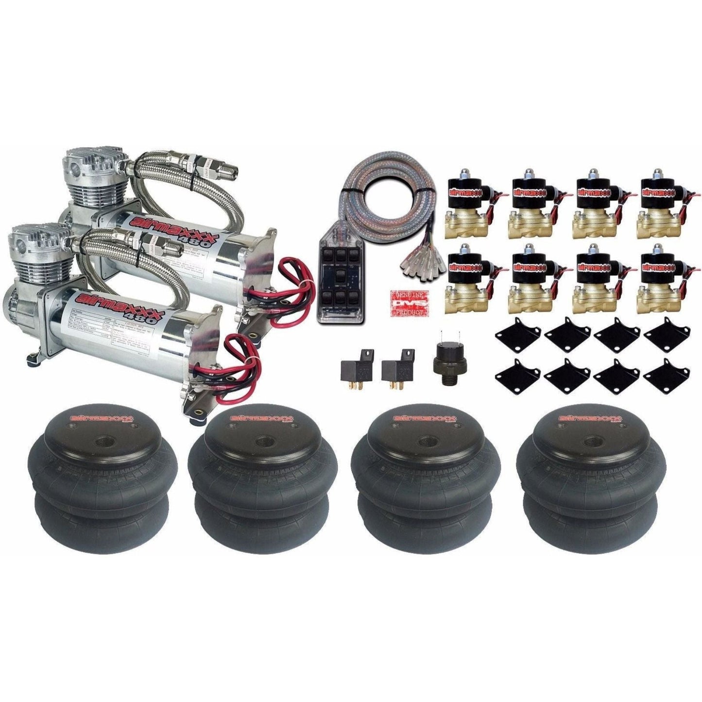 airmaxxx 480 chrome dual air compressors air ride kit with 2600 bags brass valves 7 switch box