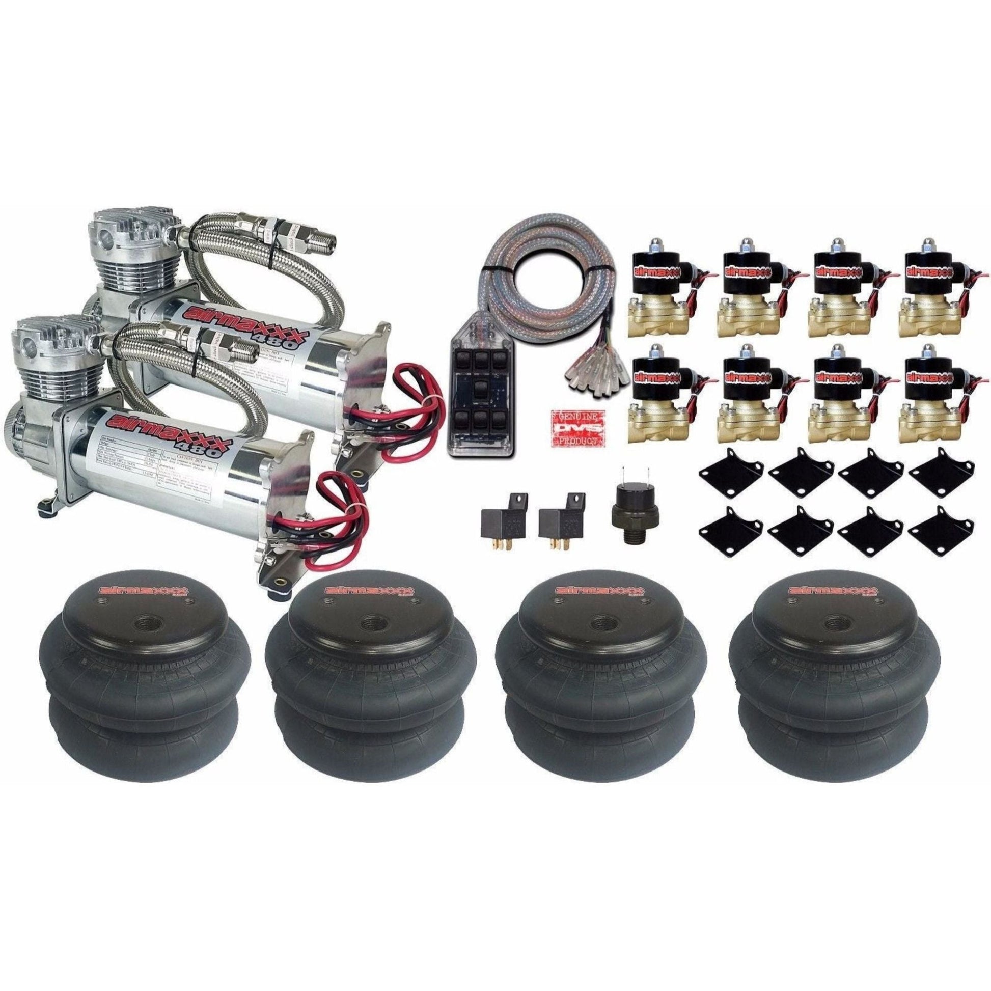 airmaxxx 480 chrome dual air compressors air ride kit with 2600 bags brass valves 7 switch box
