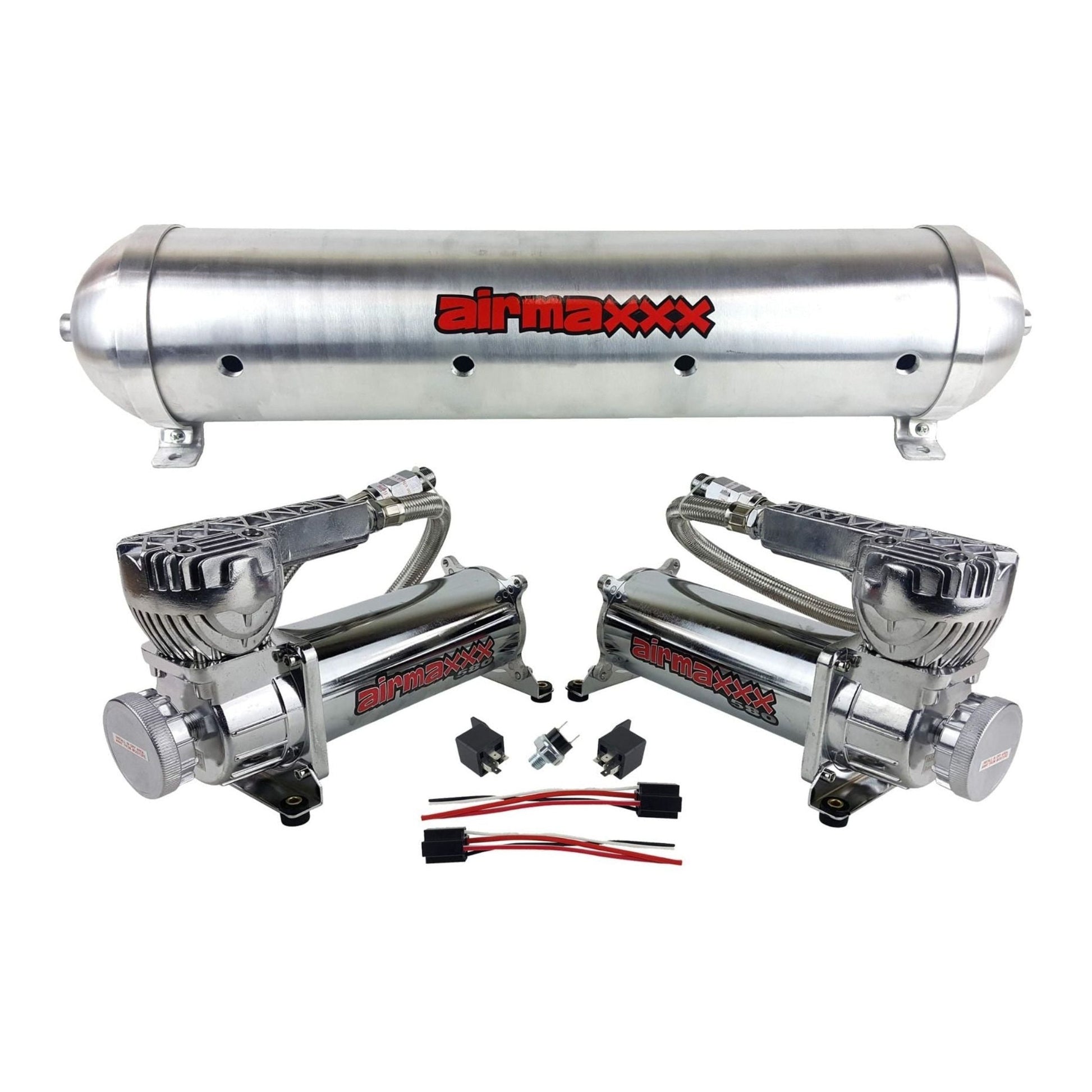 airmaxxx 580 chrome dual air compressors with 5 gallon 9 port raw aluminum tank