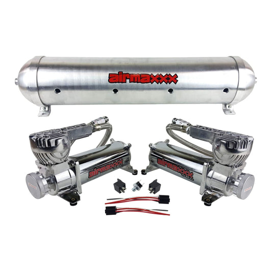 airmaxxx 580 chrome dual air compressors with 5 gallon 9 port raw aluminum tank