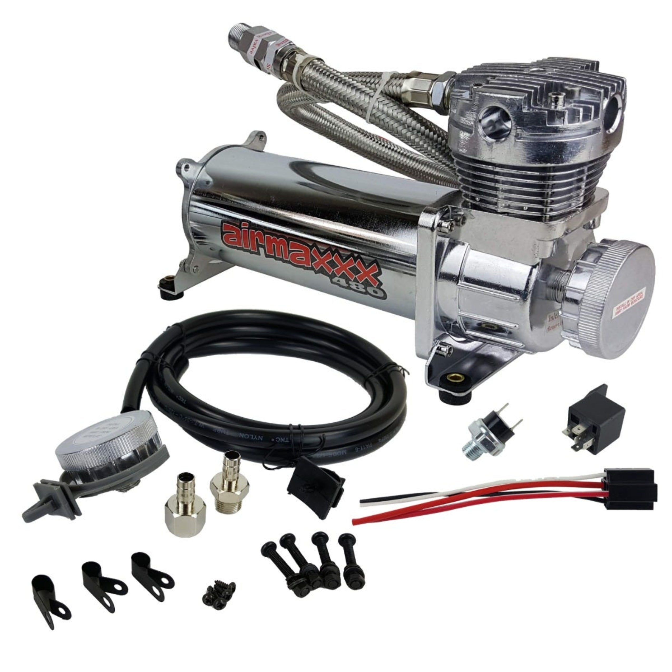 airmaxxx Chrome 480 Air Compressor Kit w/Filter Relocation
