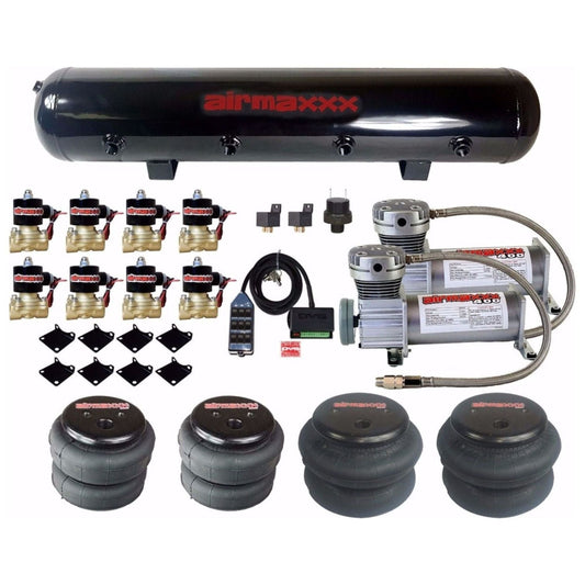 airmaxxx pewter 400 air ride kit with 3/8 brass valves and chrome 9 switch k-fbss-dp2400-838-brkt-59-9chr-2526
